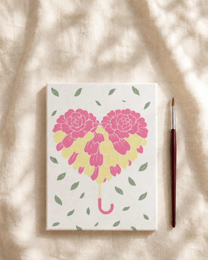 Sunset Bloom Heart paint-by-number kit with numbered canvas, acrylic paints, and brushes