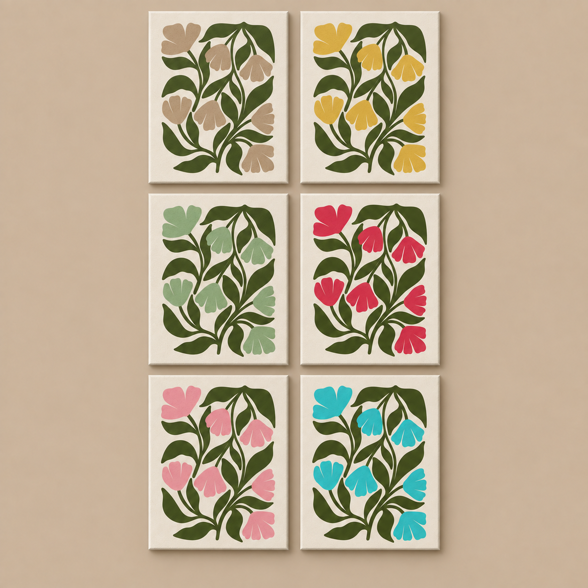 Bloom — Complete Six — Soft Khaki Bloom, Golden Bloom, Green Bloom, Red Bloom, Pink Bloom, Blue Bloom canvas paintings on warm taupe