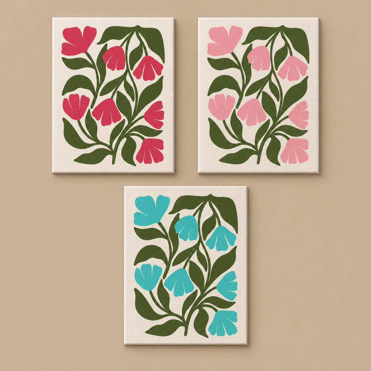 Colourful Bloom Trio — Red Bloom, Pink Bloom, Blue Bloom canvas paintings on warm taupe