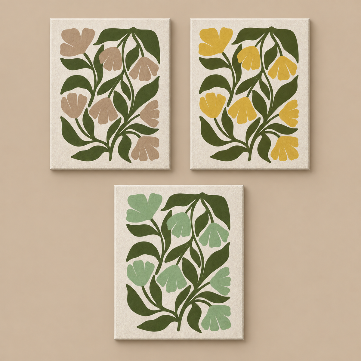 Earthy Bloom Trio — Soft Khaki Bloom, Golden Bloom, Green Bloom canvas paintings on warm taupe