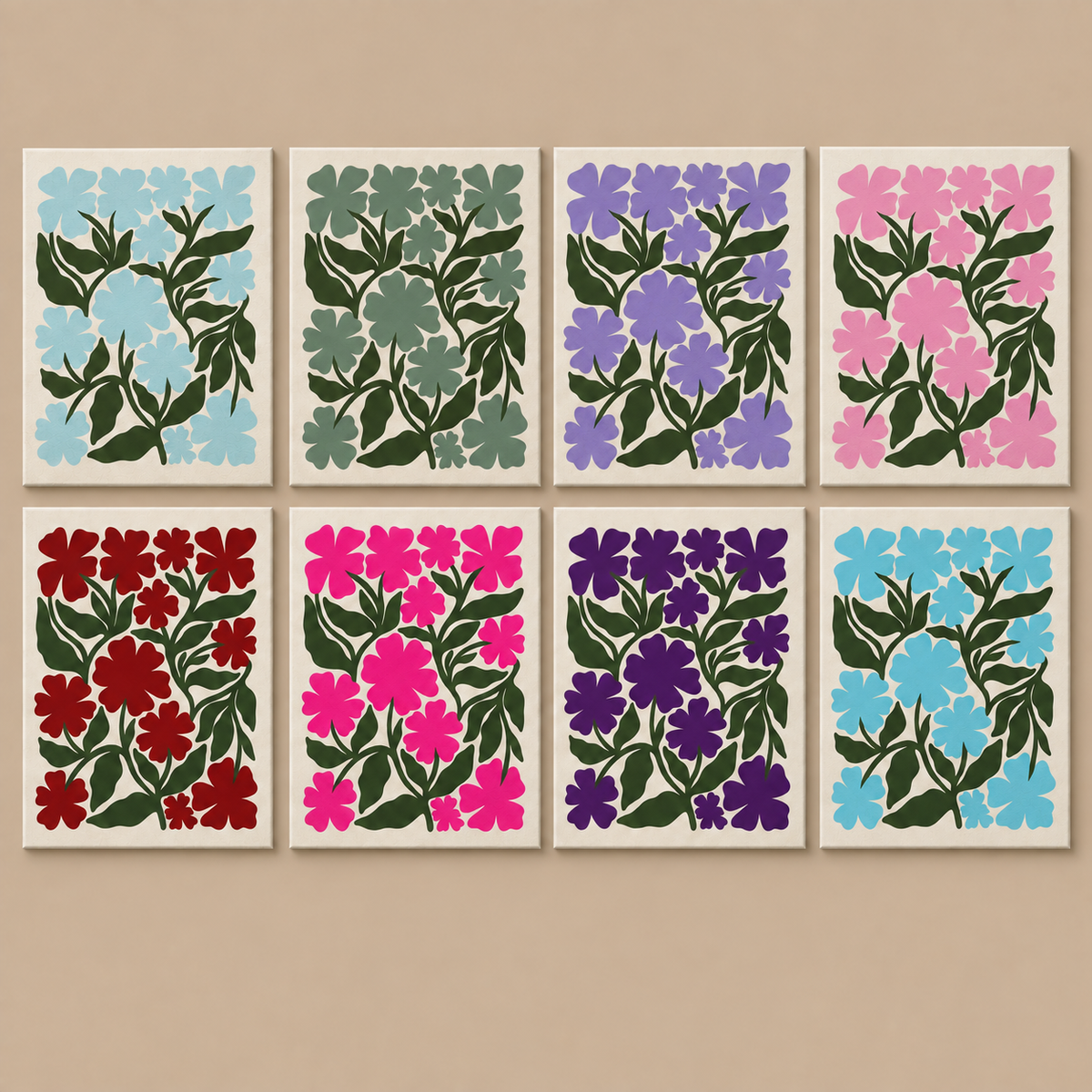 Ten-Petal Bloom — Complete Eight — Blue Ten-Petal Bloom II, Green Ten-Petal Bloom, Purple Ten-Petal Bloom, Pink Ten-Petal Bloom, Dark Red Ten-Petal Bloom, Fuchsia Ten-Petal Bloom, Deep Purple Ten-Petal Bloom, Blue Ten-Petal Bloom canvas paintings on warm taupe