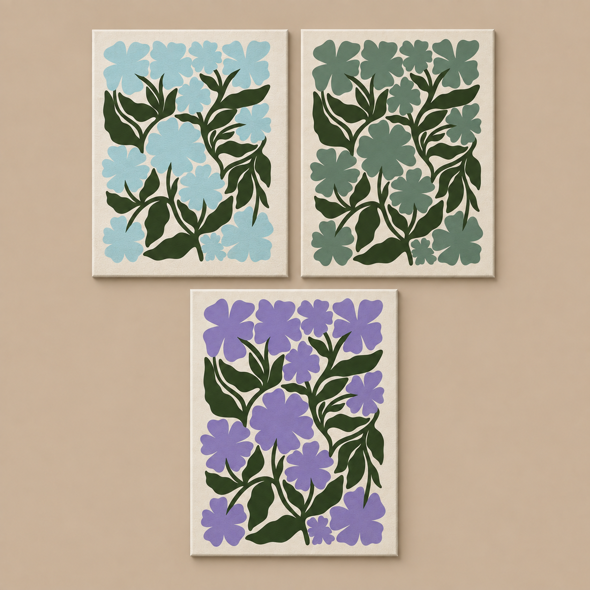 Ten-Petal Bloom — Cool Trio — Blue Ten-Petal Bloom II, Green Ten-Petal Bloom, Purple Ten-Petal Bloom canvas paintings on warm taupe