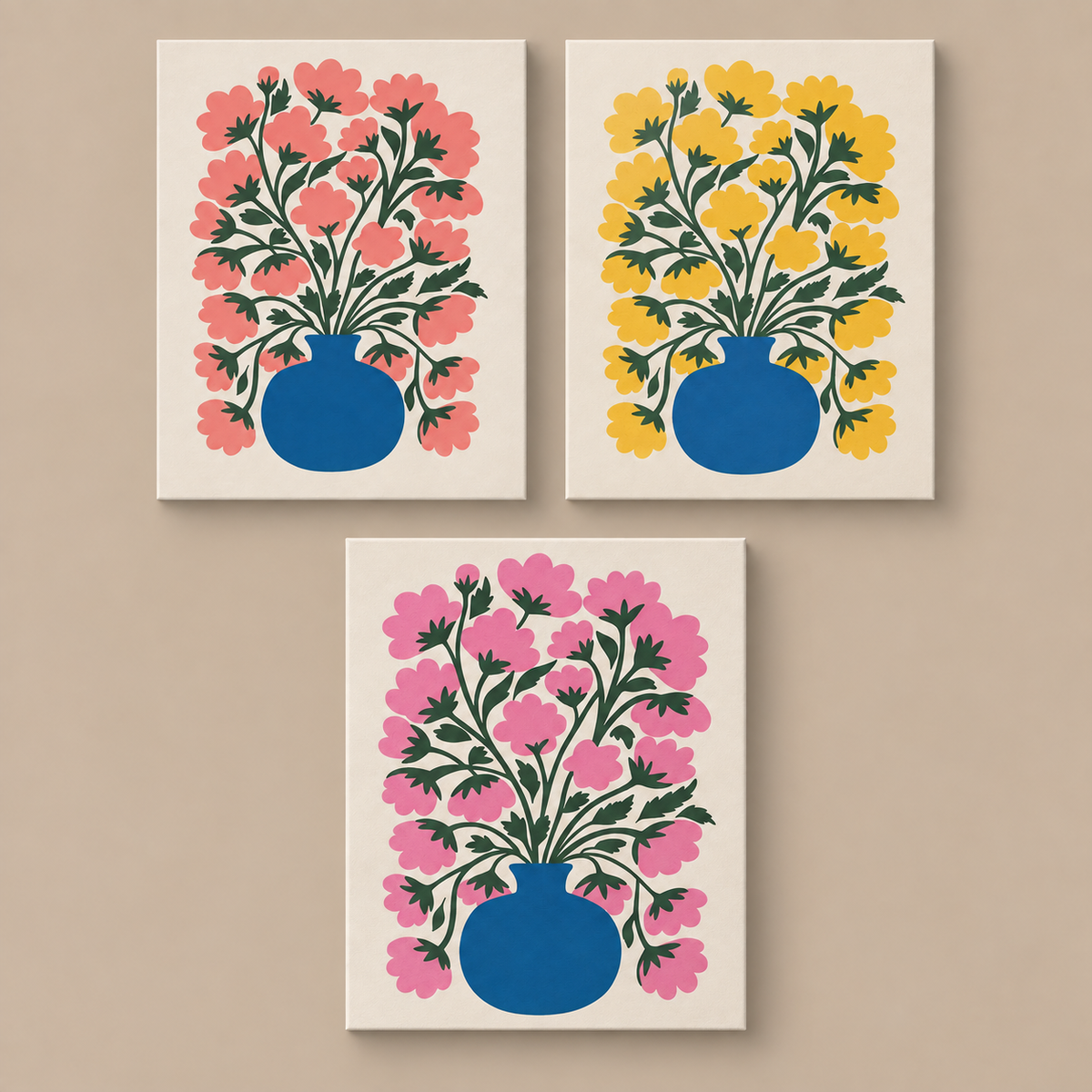 Bloom in a Vase — Warm Trio — Peach Bloom in a Vase, Golden Bloom in a Vase, Pink Bloom in a Vase canvas paintings on warm taupe
