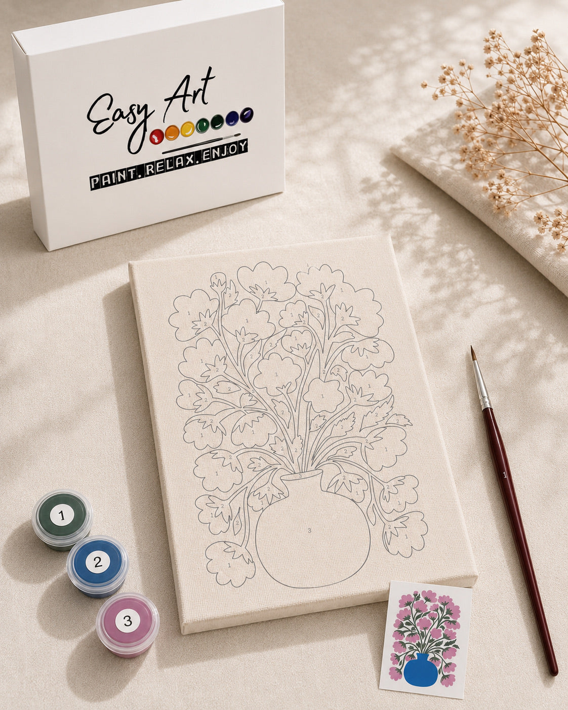 Easy Art paint-by-number kit with branded box, canvas, paints, and brush